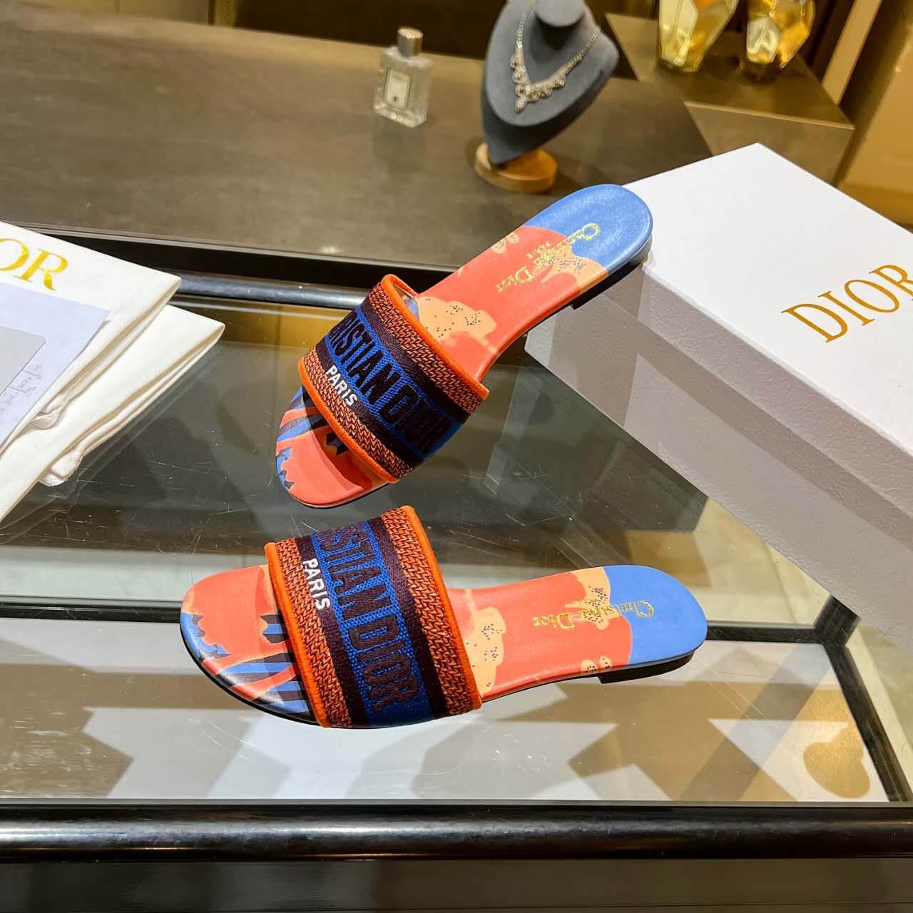 Dior Dway Orange Multicolor with Navy Blue Embroidered Strap Slide Sandals - Image 7