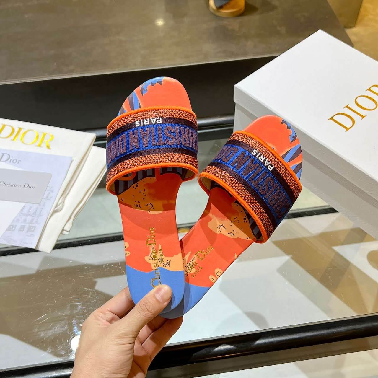 Dior Dway Orange Multicolor with Navy Blue Embroidered Strap Slide Sandals - Image 8