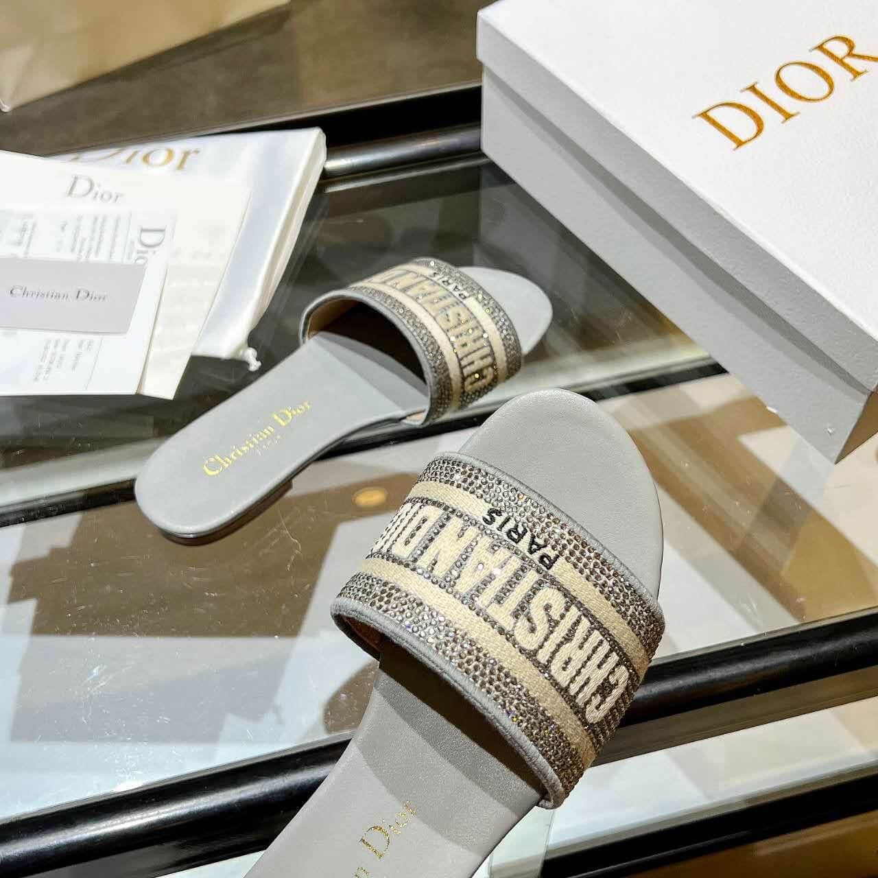 Dior Dway Silver Glitter Slide Sandals - Image 3