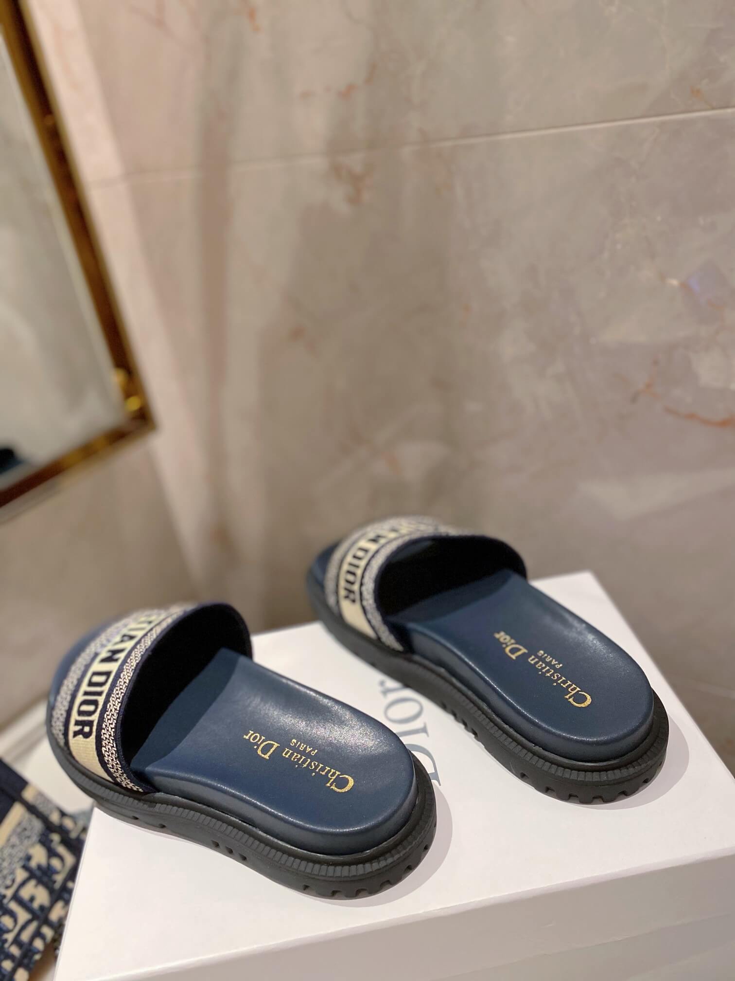 Dior D-Way Black with Gold Embroidered Strap Slides - Image 5