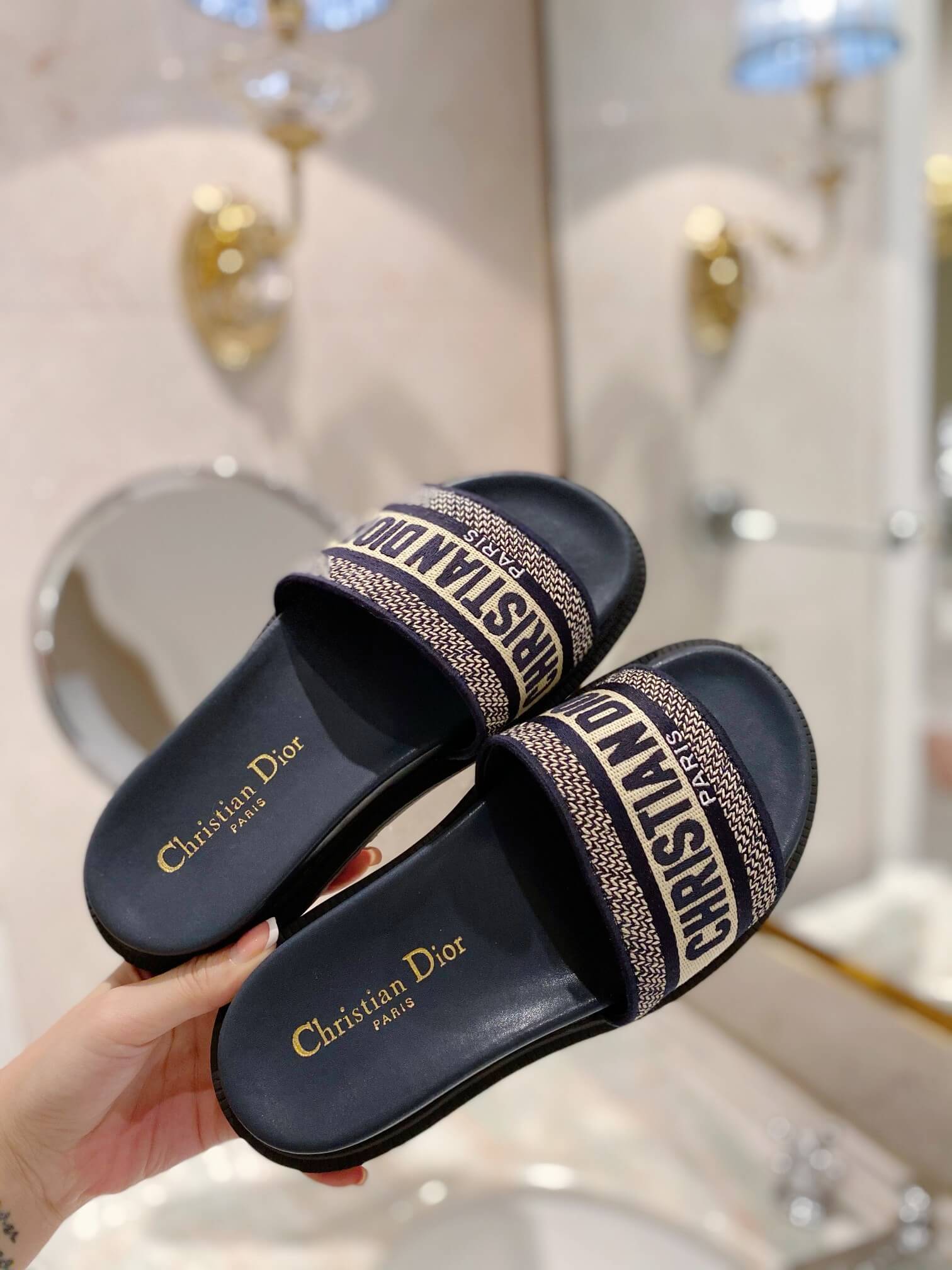 Dior D-Way Black with Gold Embroidered Strap Slides - Image 9