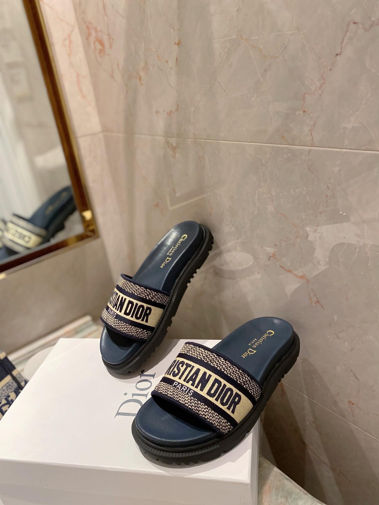 Dior D-Way Black with Gold Embroidered Strap Slides - Image 7