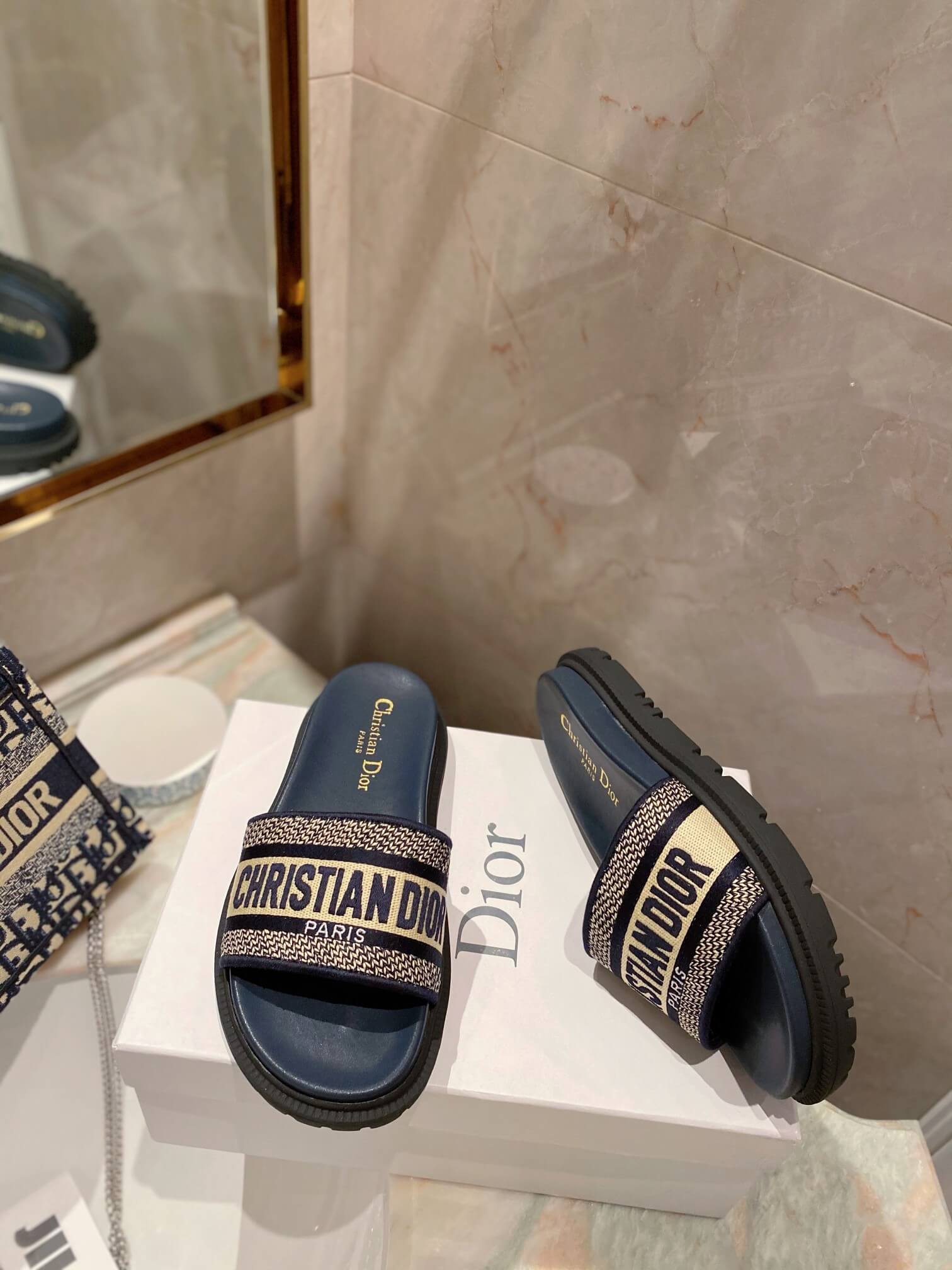 Dior D-Way Black with Gold Embroidered Strap Slides - Image 8