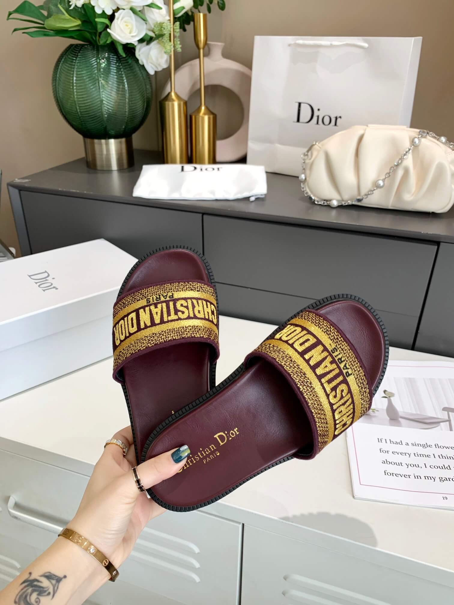 Dior D-Way Chocolate Brown with Gold Embroidered Strap Slides - Image 4