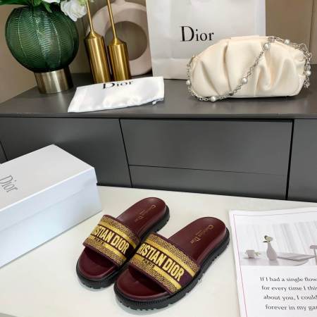 Dior D-Way Chocolate Brown with Gold Embroidered Strap Slides