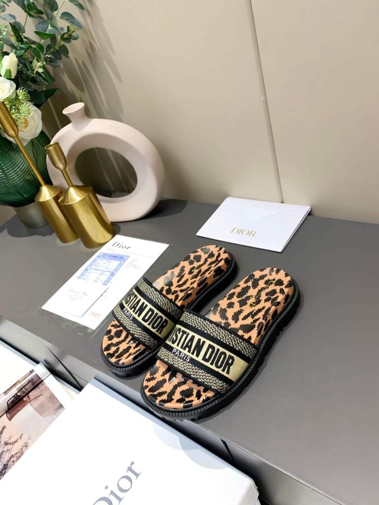 Dior D-Way Leopard Print with Gold Embroidered Strap Slides
