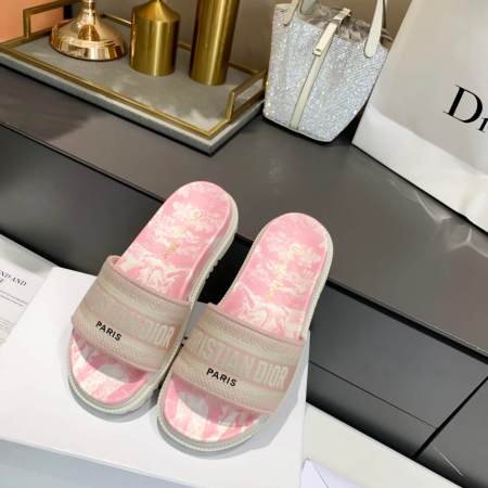 Dior D-Way Pink Marble with Beige Embroidered Strap Slides