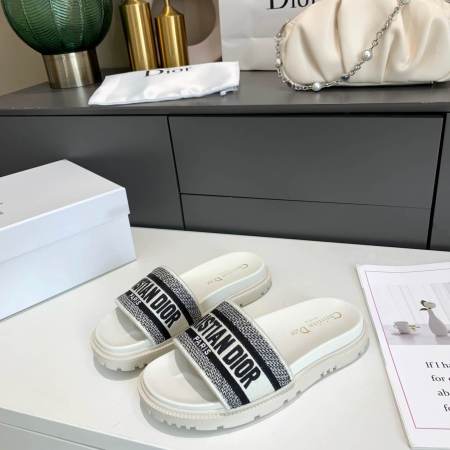 Dior D-Way White with Black Embroidered Strap Slides