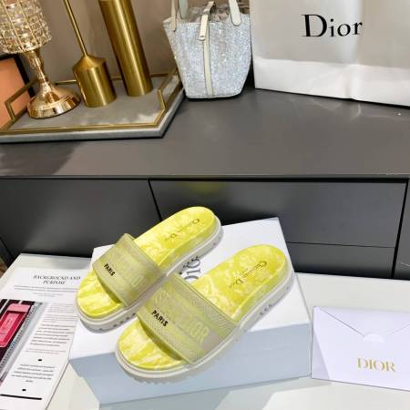 Dior D-Way Yellow Marble with Beige Embroidered Strap Slides