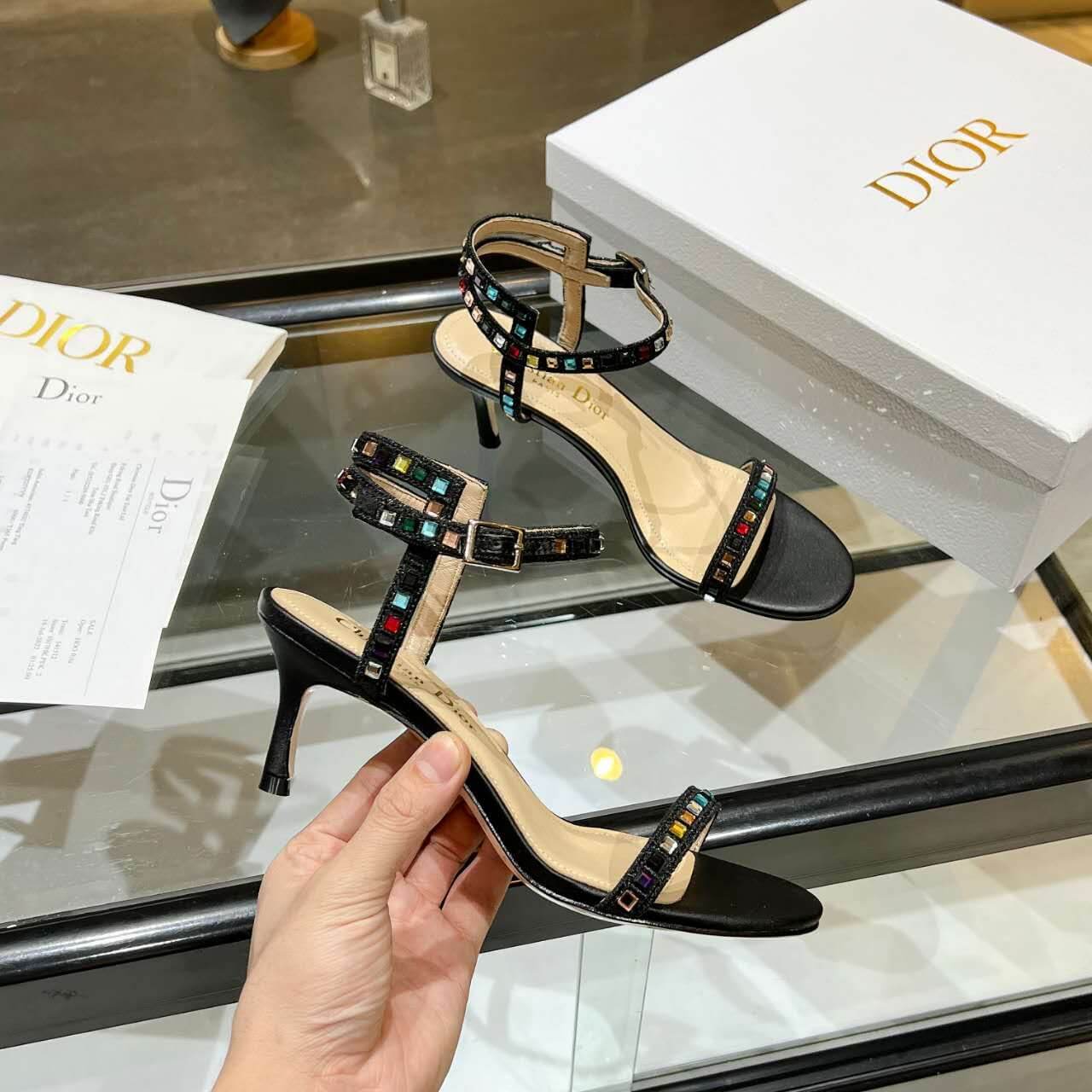 Dior Dway Heeled Sandal Cream and Black Mixed Heel - Image 9