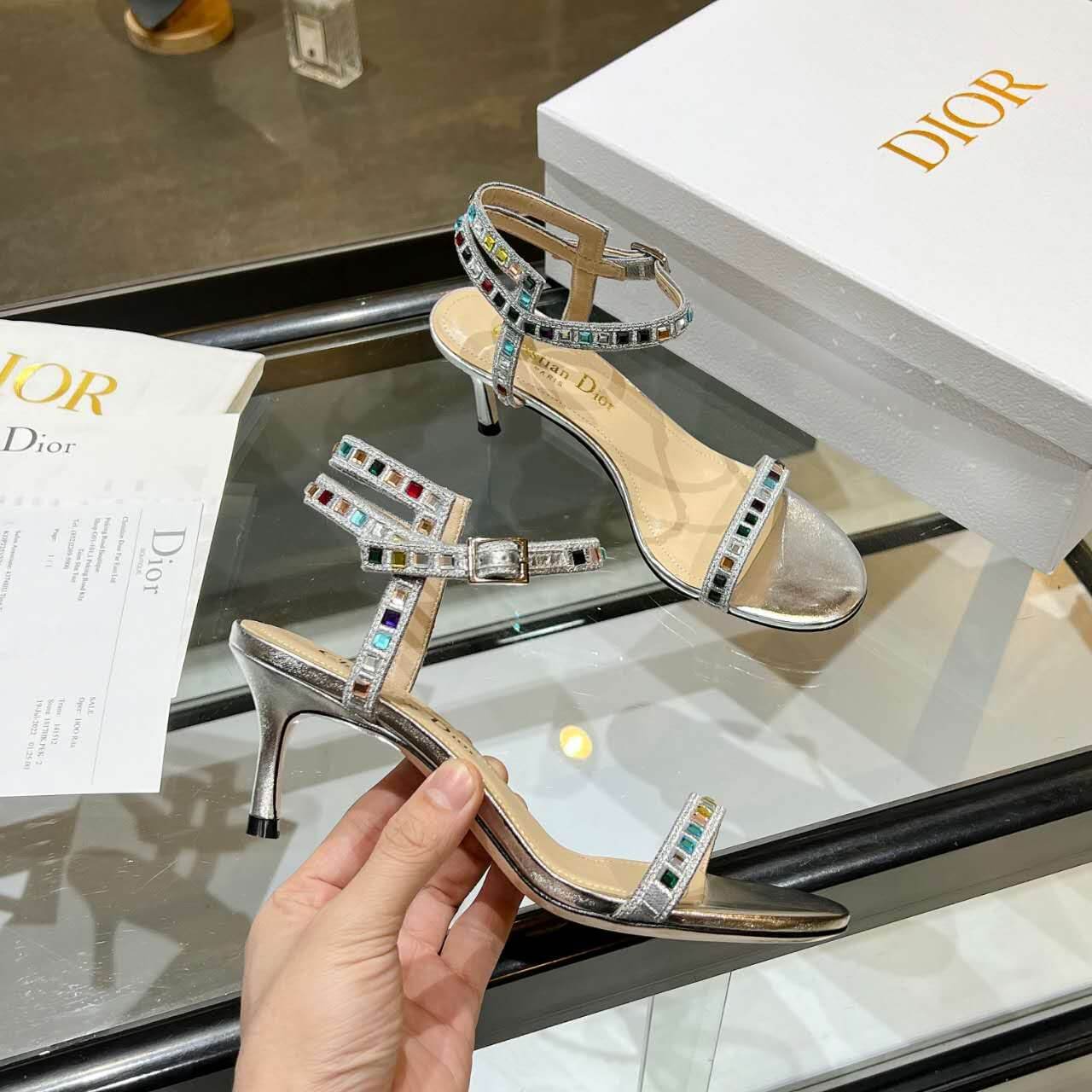 Dior Dway Heeled Sandal Cream and Silver - Image 3