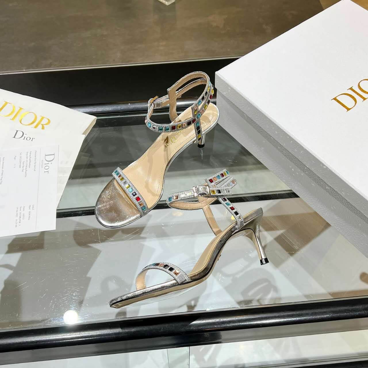 Dior Dway Heeled Sandal Cream and Silver - Image 4