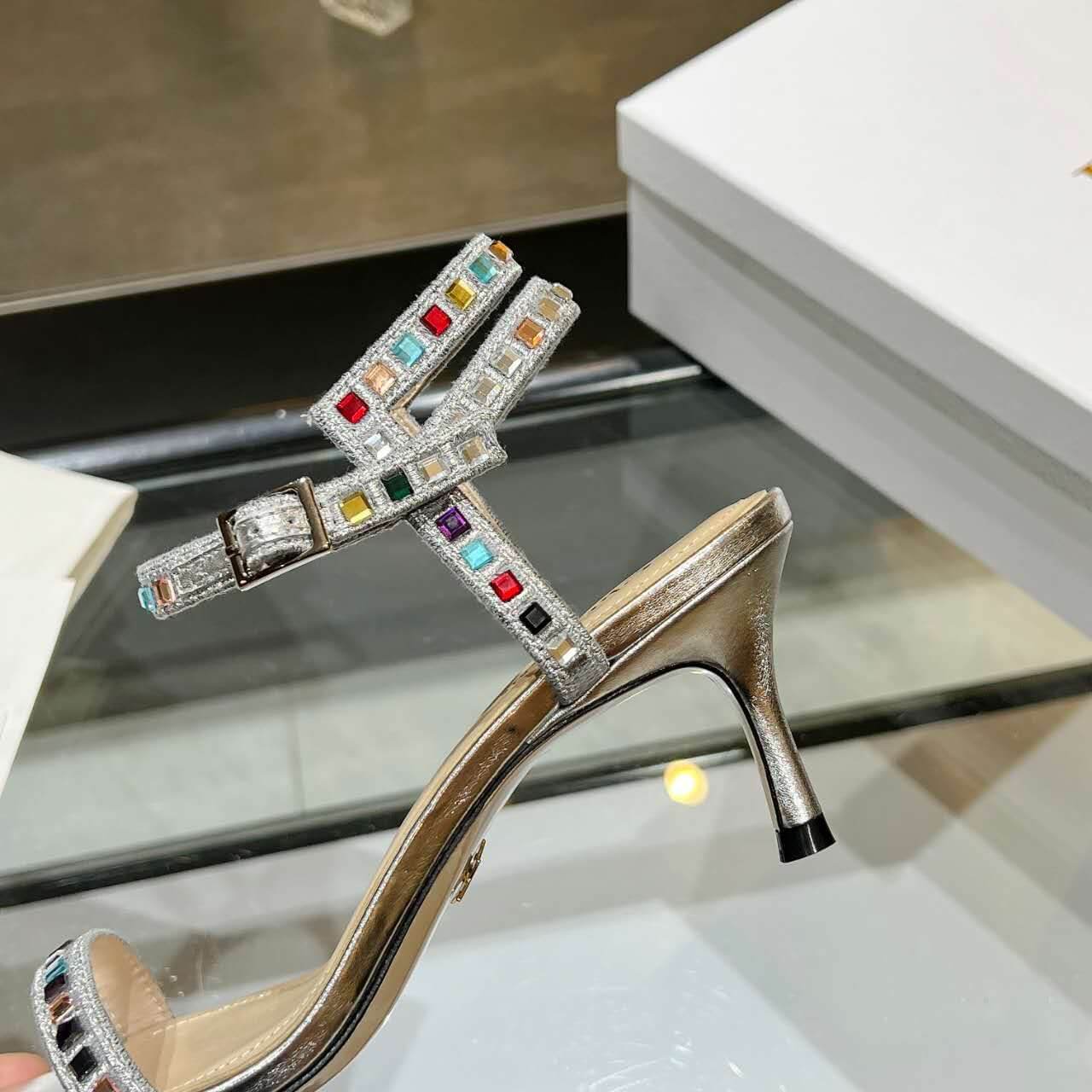 Dior Dway Heeled Sandal Cream and Silver - Image 7