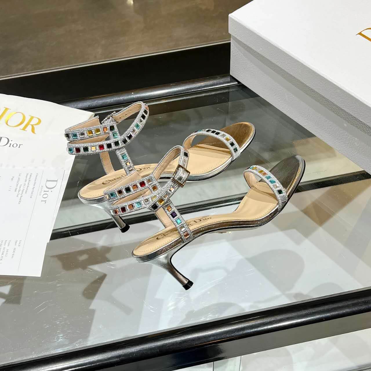 Dior Dway Heeled Sandal Cream and Silver - Image 9