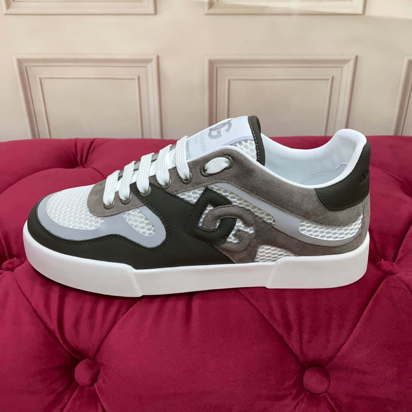 Dolce & Gabbana Calfskin Strobel Portofino Light Sneakers - Denim & Mesh Patchwork (Blue & White) white with bold DG logo detailling