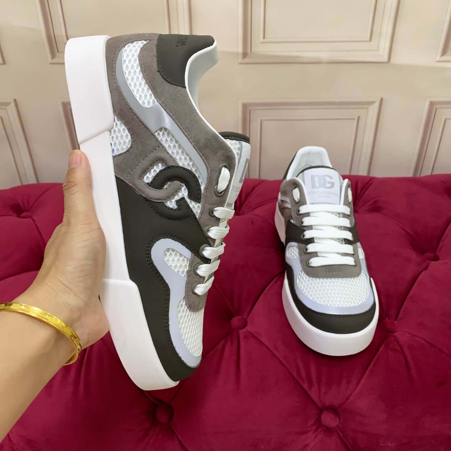 Dolce & Gabbana Calfskin Strobel Portofino Light Sneakers - Denim & Mesh Patchwork (Blue & White) white with bold DG logo detailling
