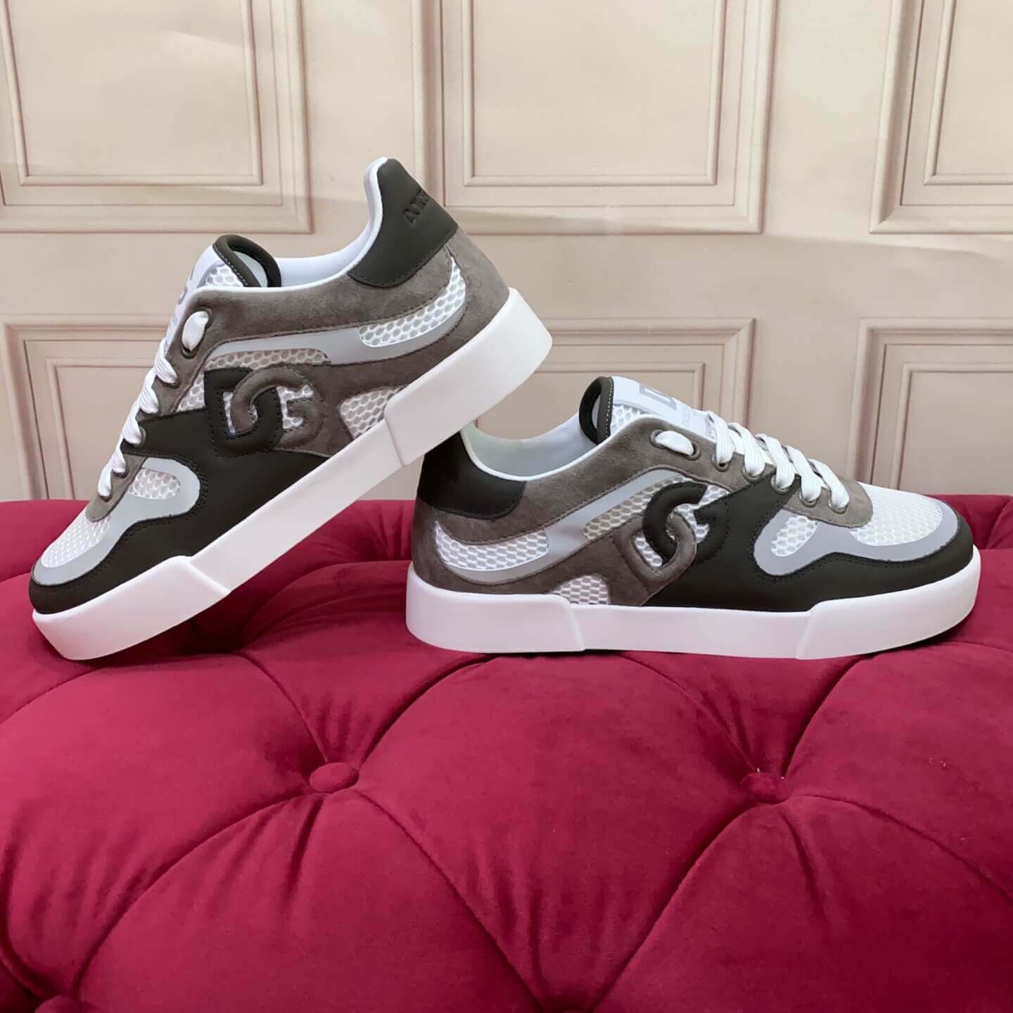 Dolce & Gabbana Calfskin Strobel Portofino Light Sneakers - Denim & Mesh Patchwork (Blue & White) white with bold DG logo detailling