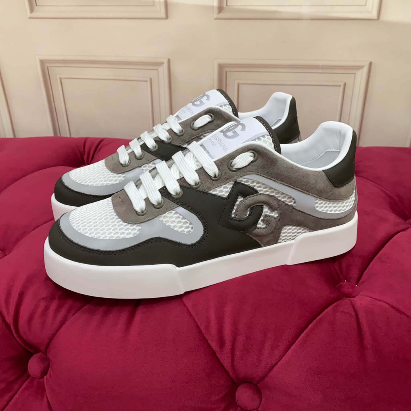 Dolce & Gabbana Calfskin Strobel Portofino Light Sneakers - Denim & Mesh Patchwork (Blue & White) white with bold DG logo detailling
