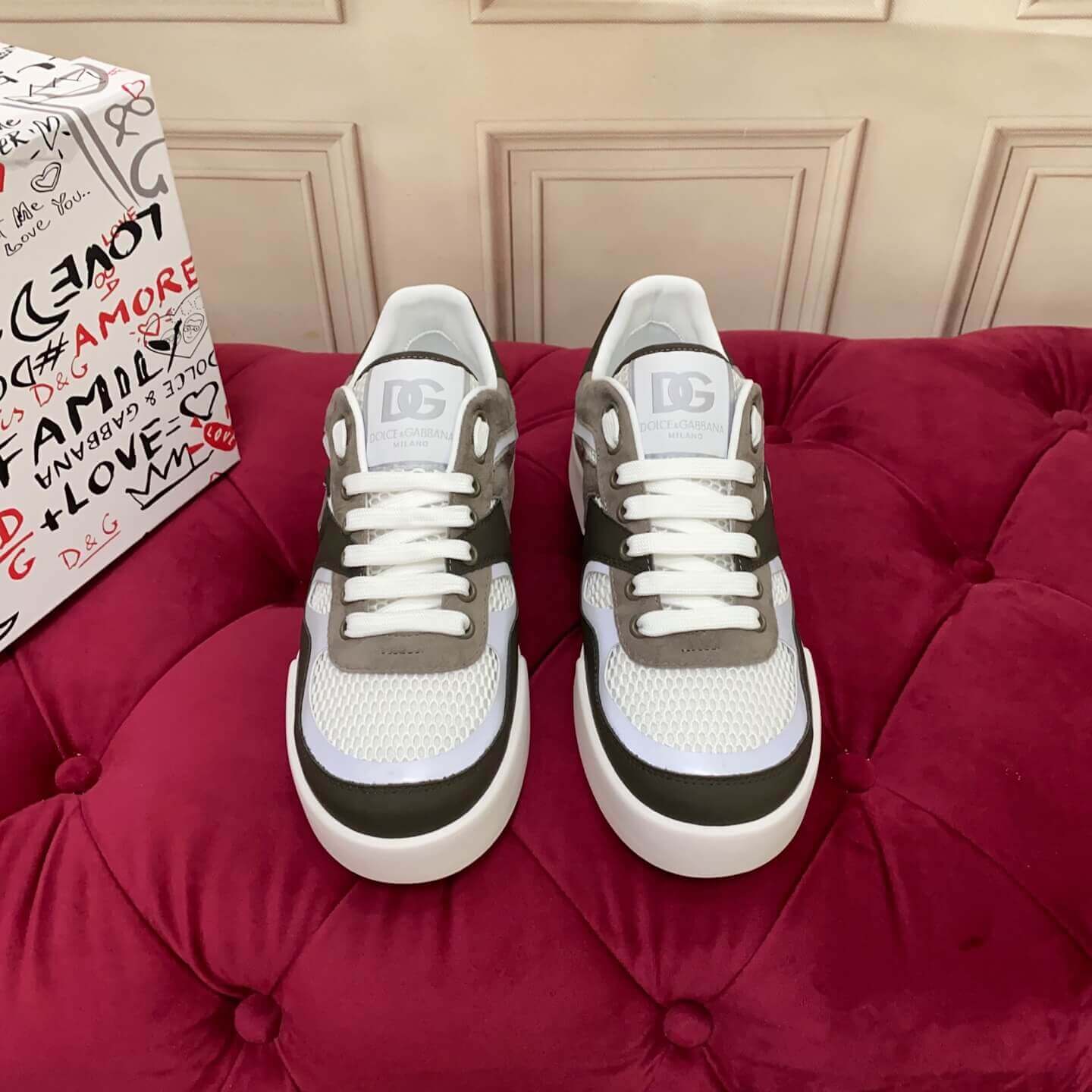 Dolce & Gabbana Calfskin Strobel Portofino Light Sneakers - Denim & Mesh Patchwork (Blue & White) white with bold DG logo detailling