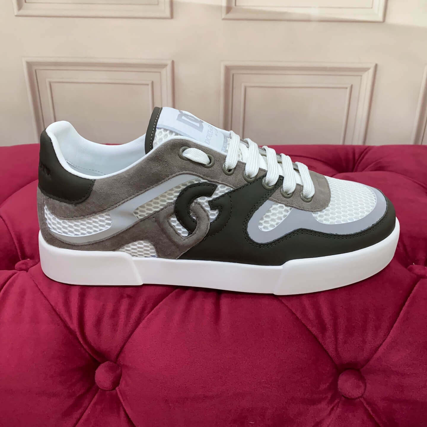 Dolce & Gabbana Calfskin Strobel Portofino Light Sneakers - Denim & Mesh Patchwork (Blue & White) white with bold DG logo detailling