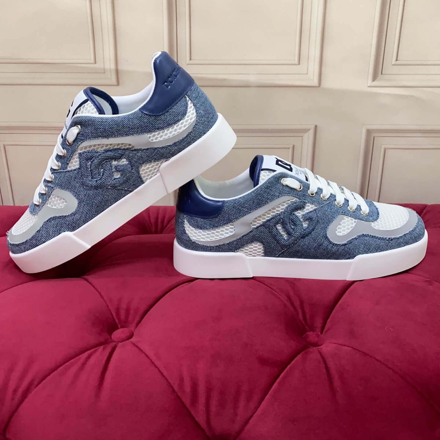 Dolce & Gabbana Calfskin Strobel Portofino Light Sneakers - Various Styles (Rose Embroidery, Pink Rose Embroidery, Sequin Rose Embroidery) white with bold DG logo detailing