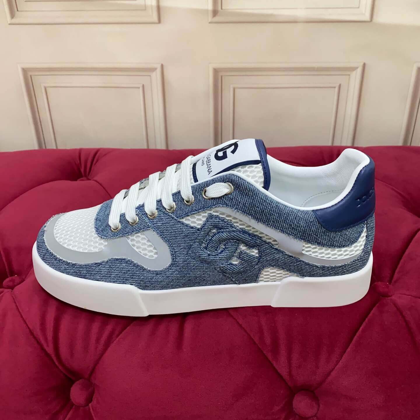 Dolce & Gabbana Calfskin Strobel Portofino Light Sneakers - Various Styles (Rose Embroidery, Pink Rose Embroidery, Sequin Rose Embroidery) white with bold DG logo detailing