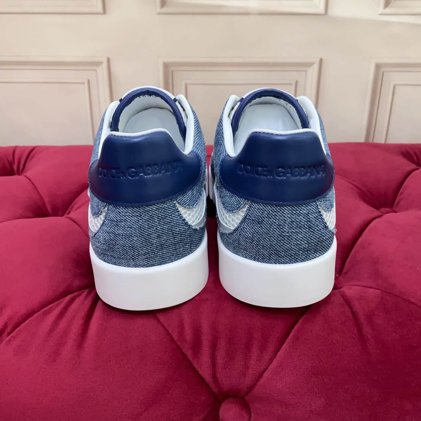 Dolce & Gabbana Calfskin Strobel Portofino Light Sneakers - Various Styles (Rose Embroidery, Pink Rose Embroidery, Sequin Rose Embroidery) white with bold DG logo detailing