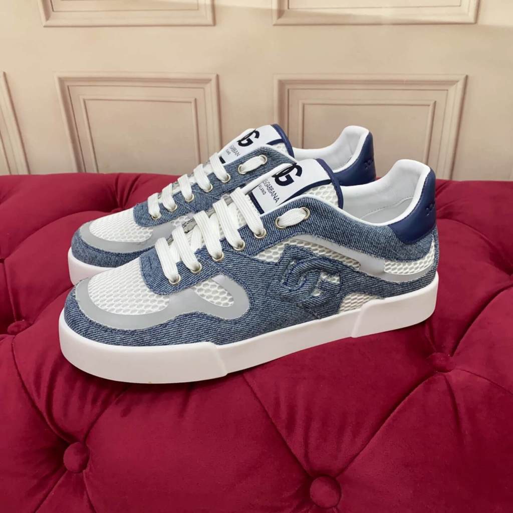 Dolce & Gabbana Calfskin Strobel Portofino Light Sneakers - Various Styles (Rose Embroidery, Pink Rose Embroidery, Sequin Rose Embroidery) white with bold DG logo detailing