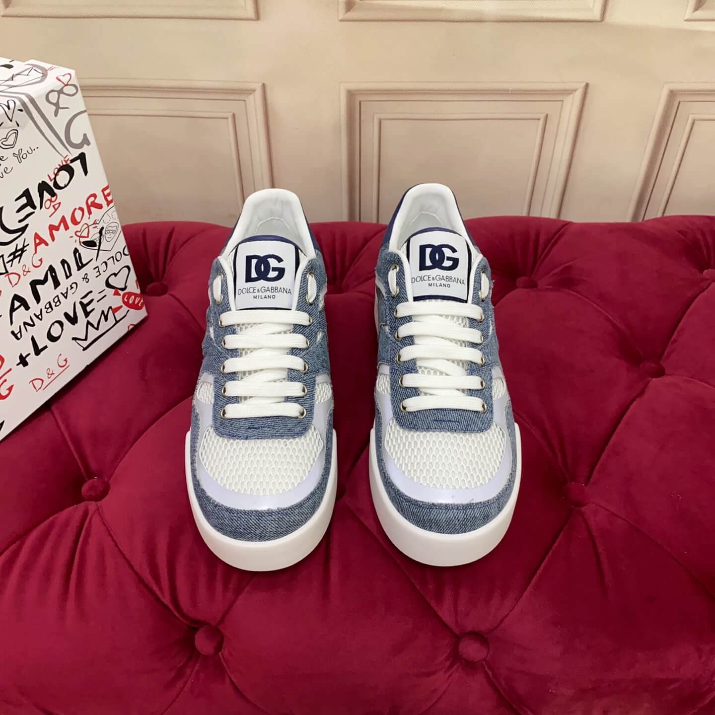 Dolce & Gabbana Calfskin Strobel Portofino Light Sneakers - Various Styles (Rose Embroidery, Pink Rose Embroidery, Sequin Rose Embroidery) white with bold DG logo detailing