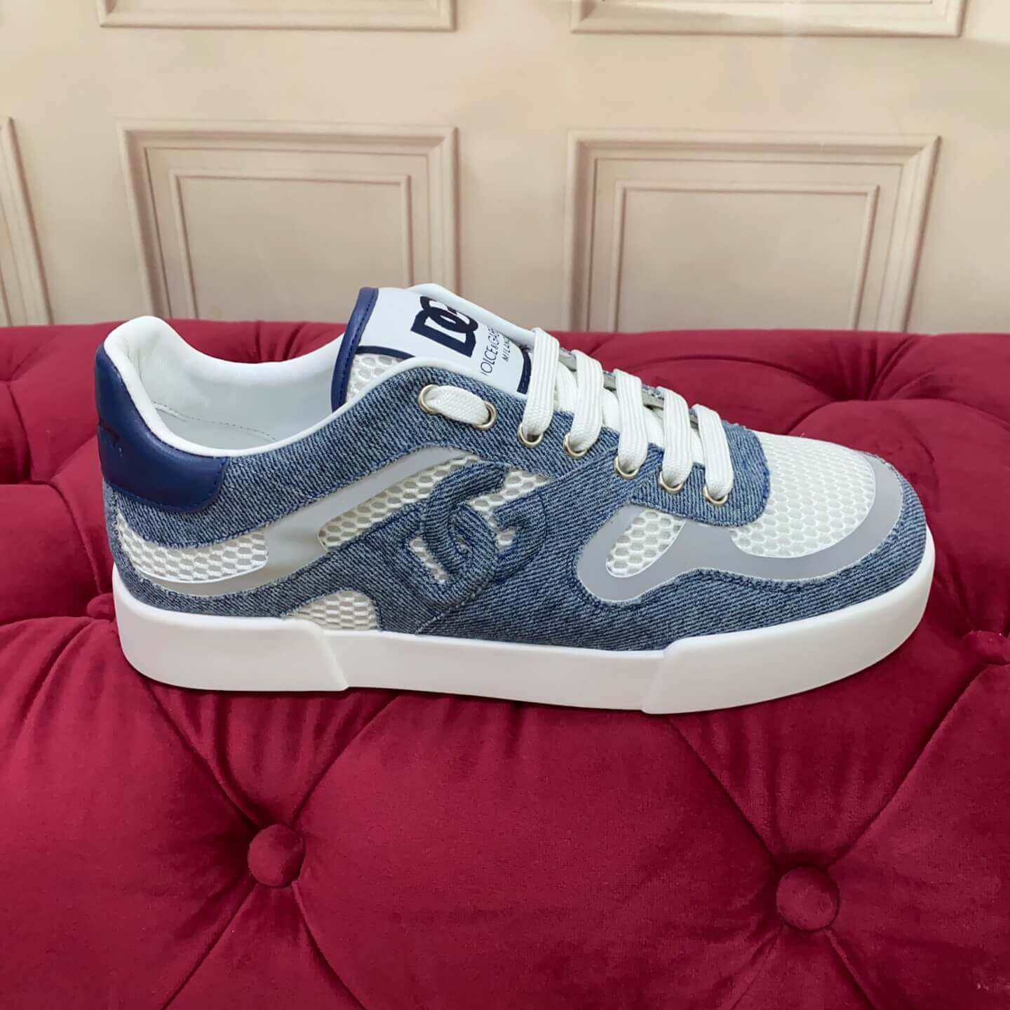 Dolce & Gabbana Calfskin Strobel Portofino Light Sneakers - Various Styles (Rose Embroidery, Pink Rose Embroidery, Sequin Rose Embroidery) white with bold DG logo detailing