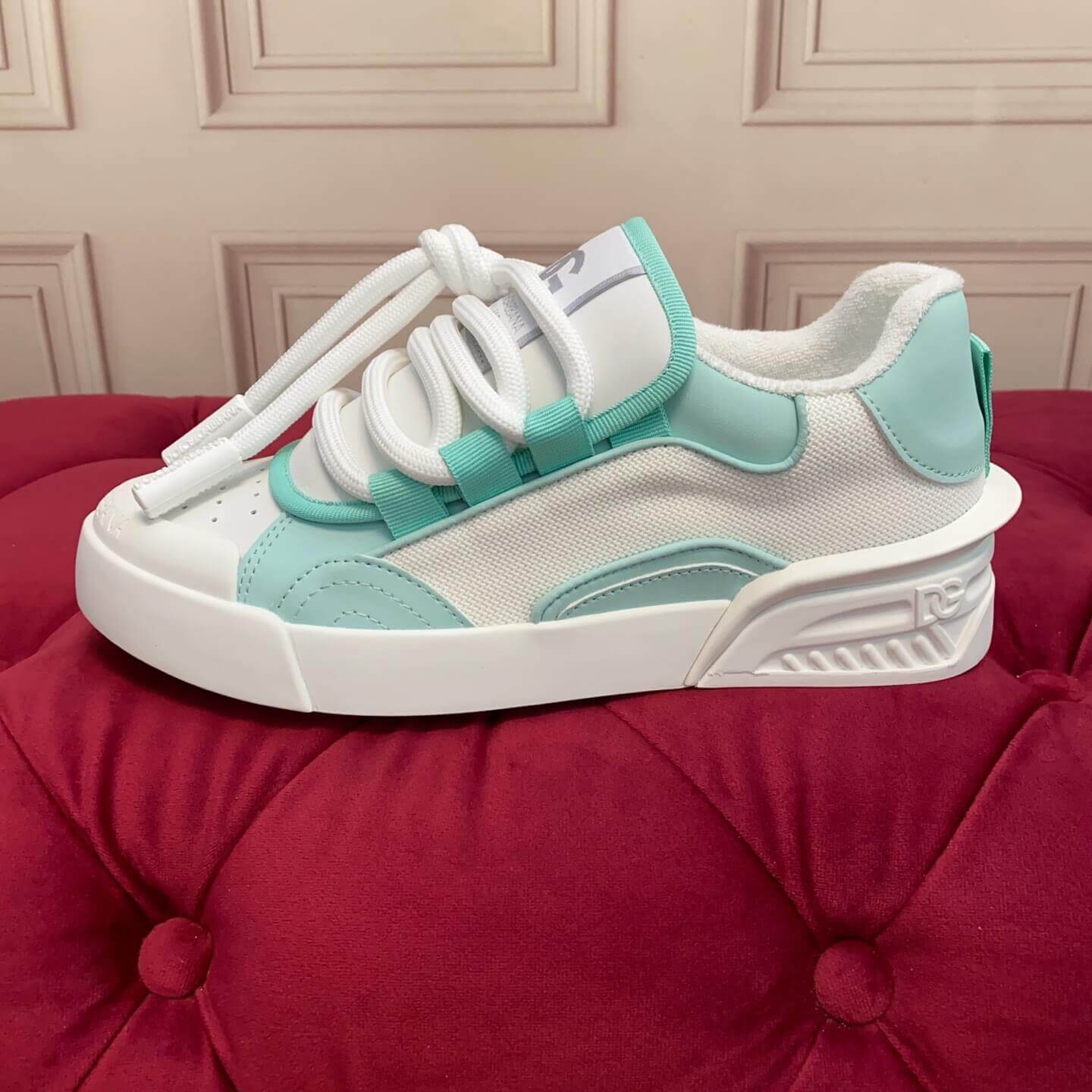 Dolce & Gabbana Men's/Unisex Chunky Sole Lace-Up Sneakers - White & Mint Green with bold DG logo detailing