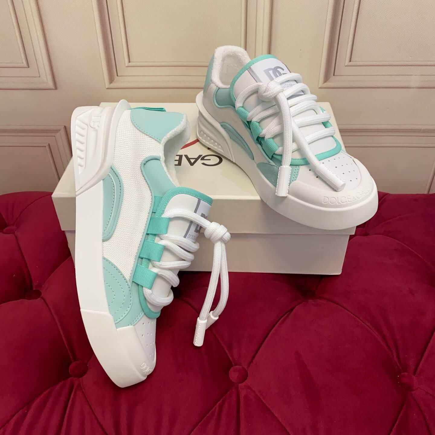 Dolce & Gabbana Men's/Unisex Chunky Sole Lace-Up Sneakers - White & Mint Green with bold DG logo detailing