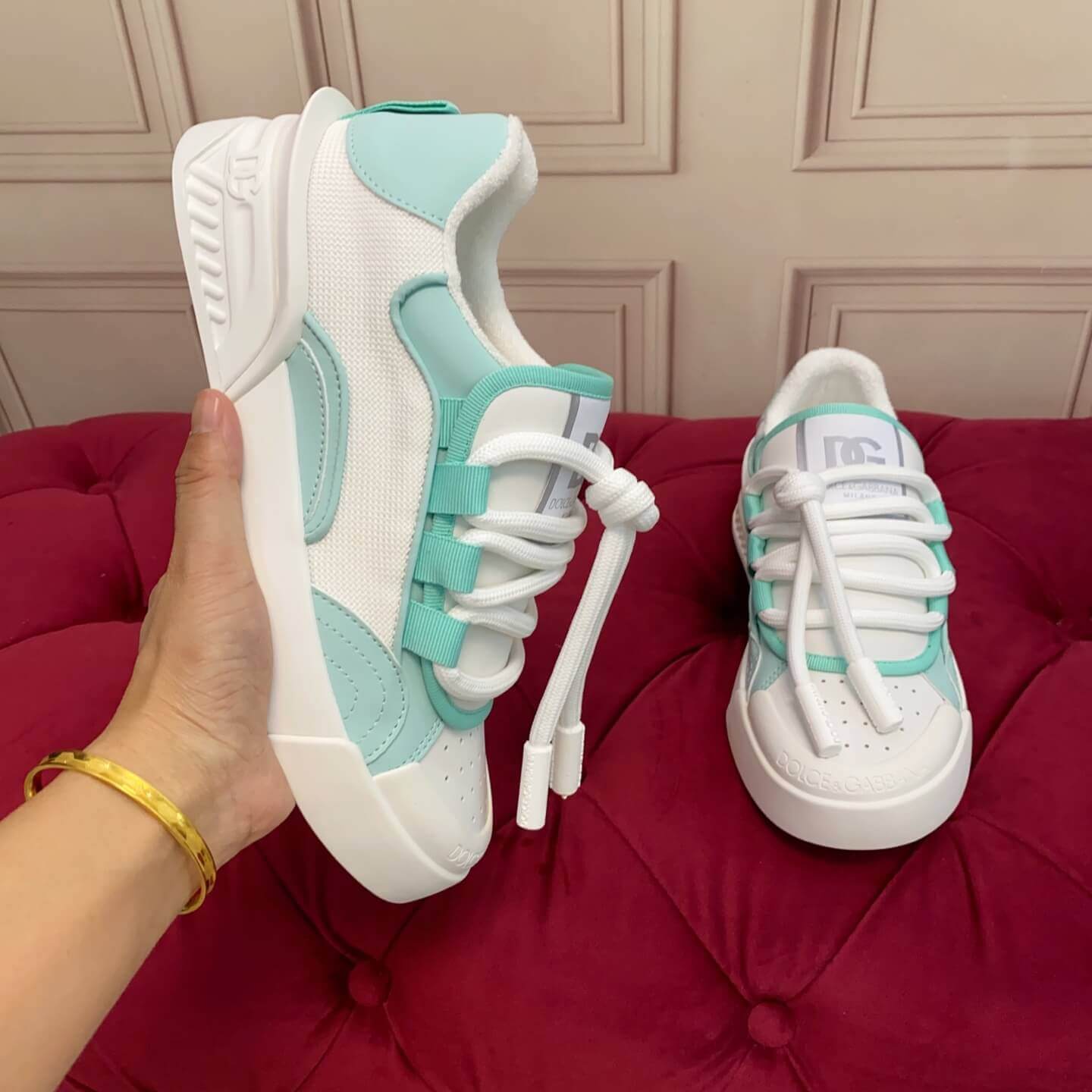 Dolce & Gabbana Men's/Unisex Chunky Sole Lace-Up Sneakers - White & Mint Green with bold DG logo detailing
