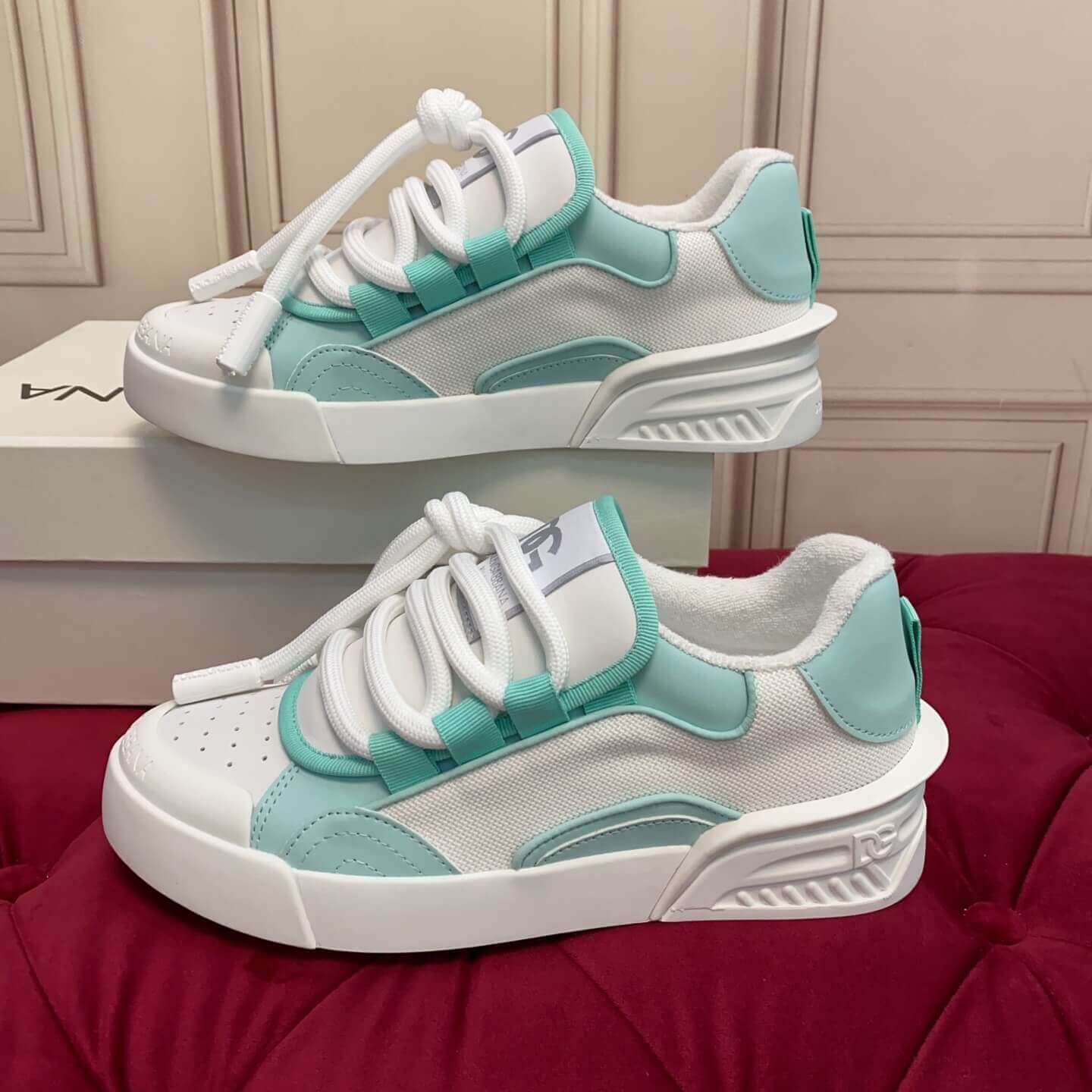 Dolce & Gabbana Men's/Unisex Chunky Sole Lace-Up Sneakers - White & Mint Green with bold DG logo detailing