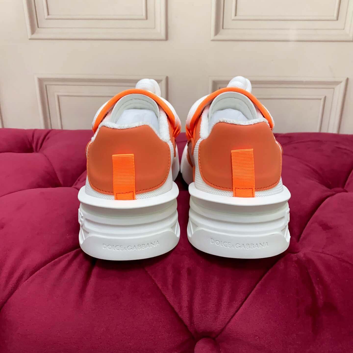 Dolce & Gabbana Men's/Unisex Chunky Sole Lace-Up Sneakers in White and Orange with bold DG logo detailing