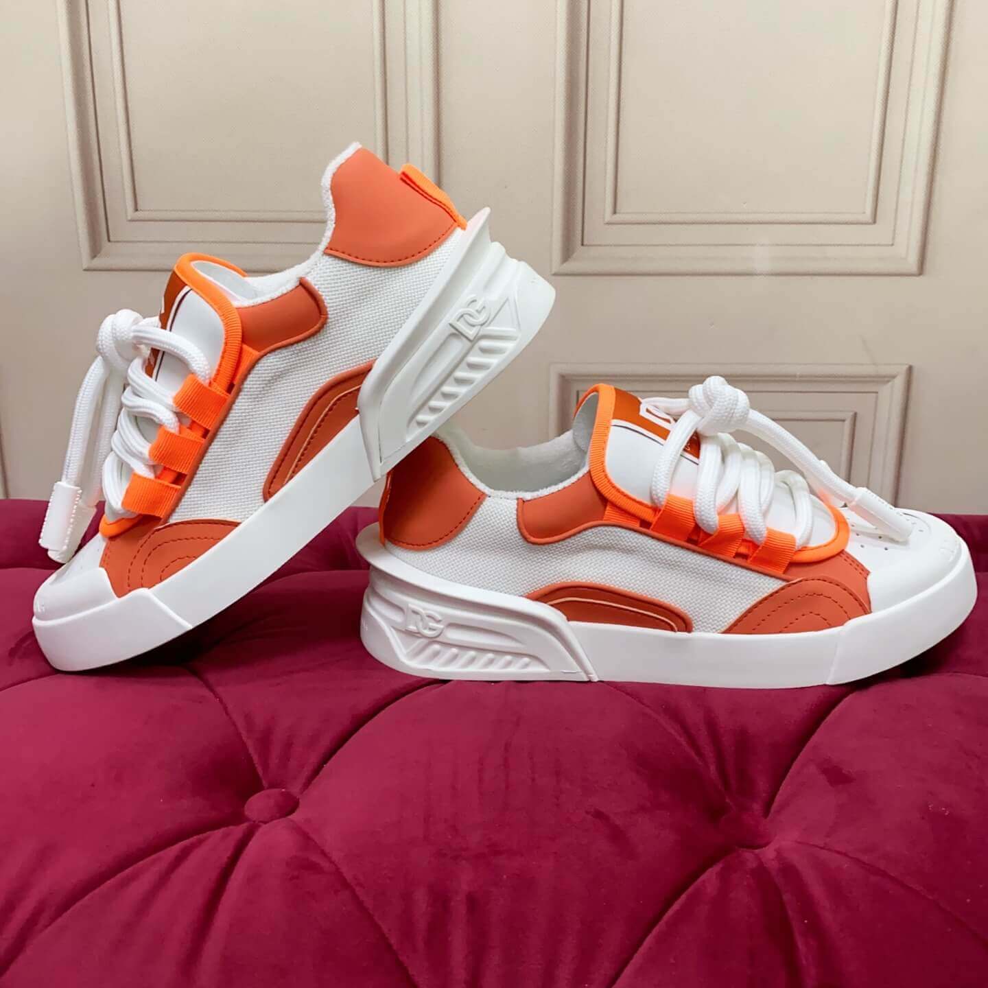 Dolce & Gabbana Men's/Unisex Chunky Sole Lace-Up Sneakers in White and Orange with bold DG logo detailing