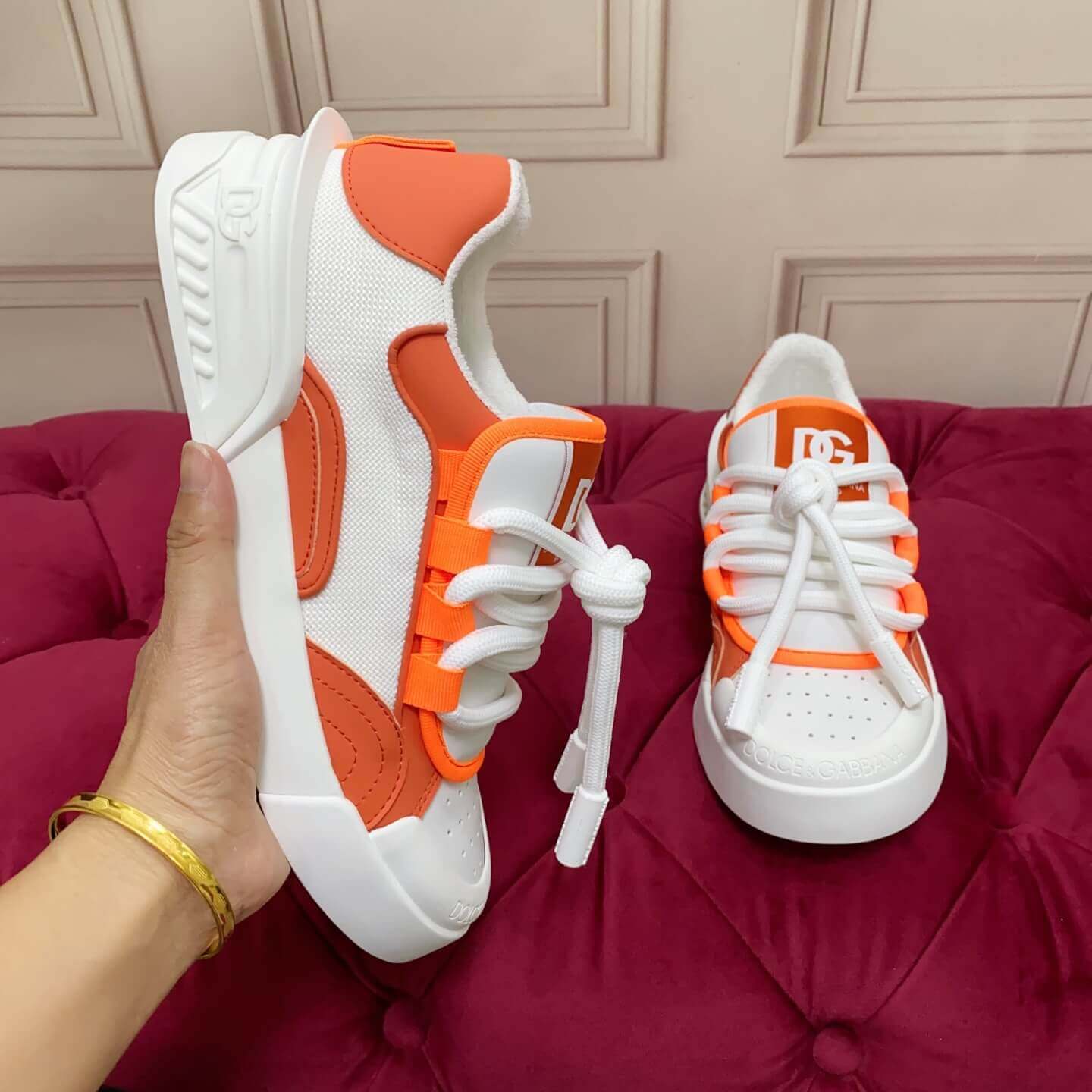 Dolce & Gabbana Men's/Unisex Chunky Sole Lace-Up Sneakers in White and Orange with bold DG logo detailing