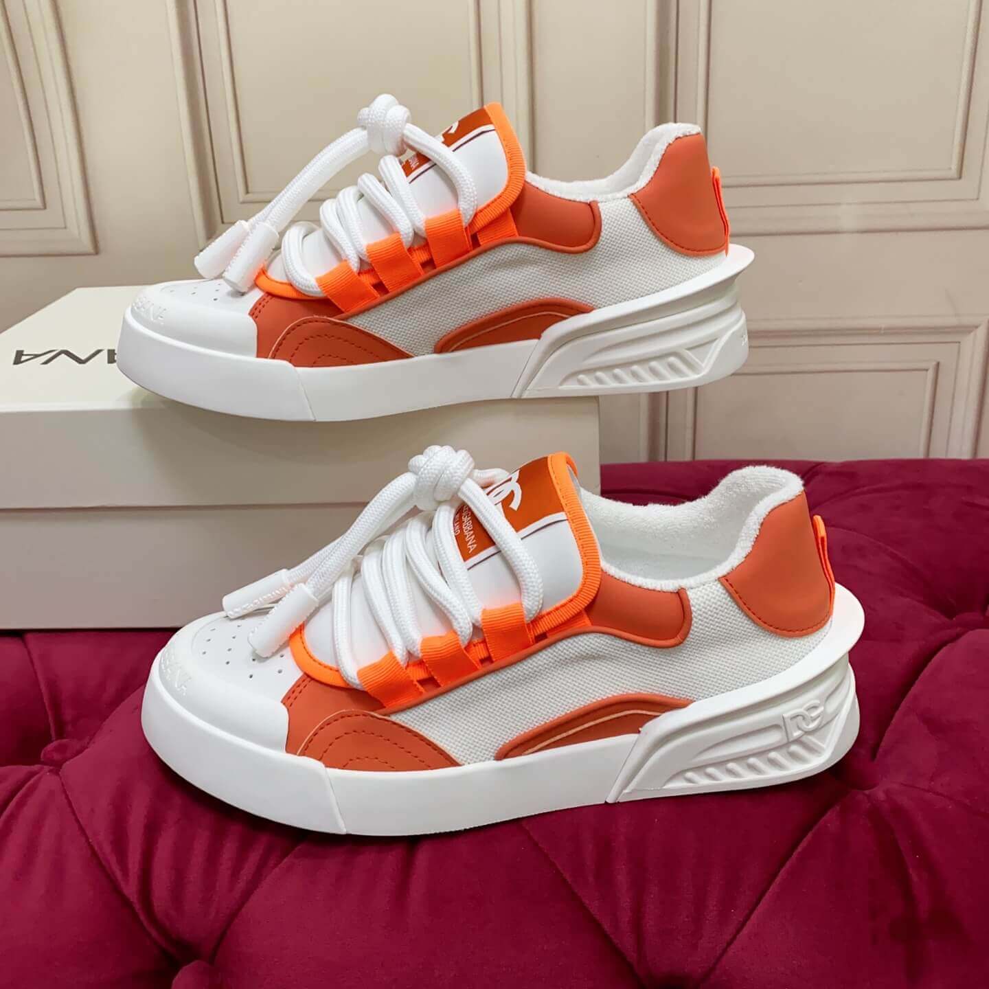 Dolce & Gabbana Men's/Unisex Chunky Sole Lace-Up Sneakers in White and Orange with bold DG logo detailing