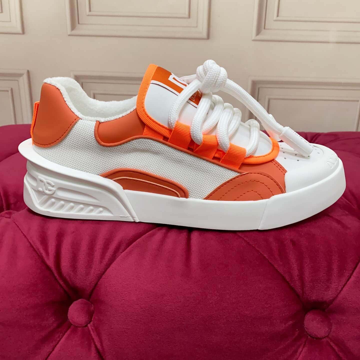 Dolce & Gabbana Men's/Unisex Chunky Sole Lace-Up Sneakers in White and Orange with bold DG logo detailing