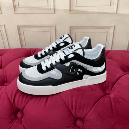 Dolce & Gabbana Men's/Unisex Calfskin Strobel Portofino Light low-Top Sneakers - Black, Grey & White with bold DG logo detailing.