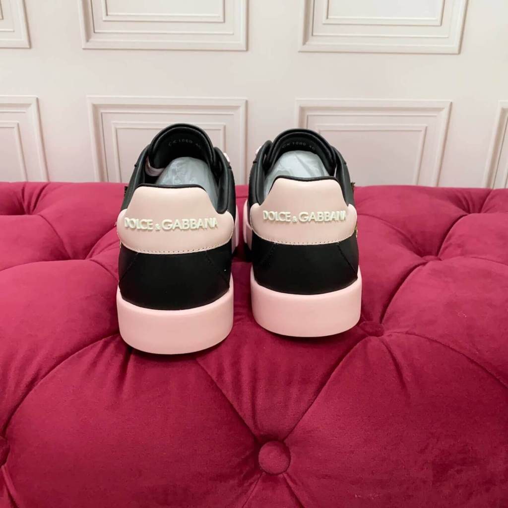 Dolce & Gabbana Women's Calfskin Portofino Light Sneakers with Rose Embroidery - Black & Pink