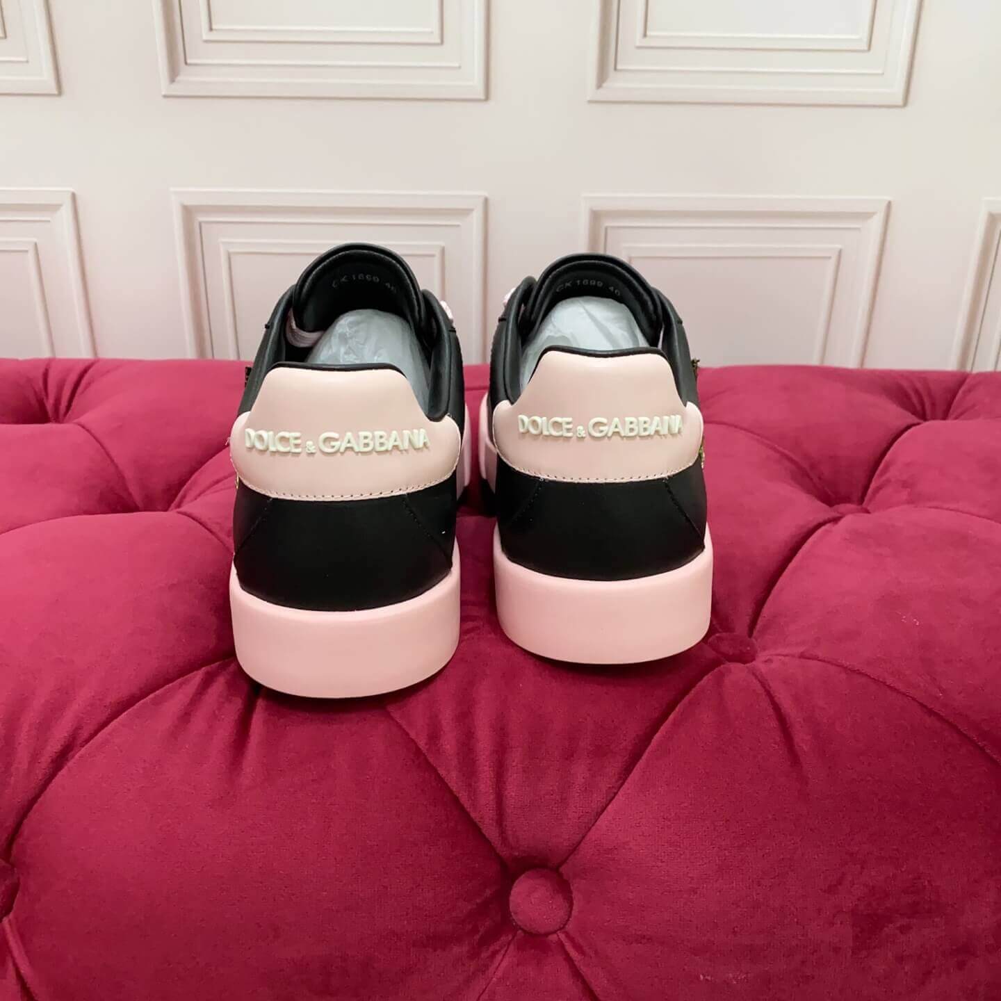 Dolce & Gabbana Women's Calfskin Portofino Light Sneakers with Rose Embroidery - Black & Pink - Image 2