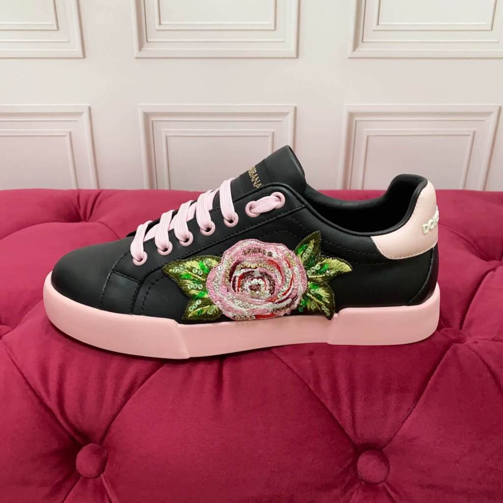 Dolce & Gabbana Women's Calfskin Portofino Light Sneakers with Rose Embroidery - Black & Pink