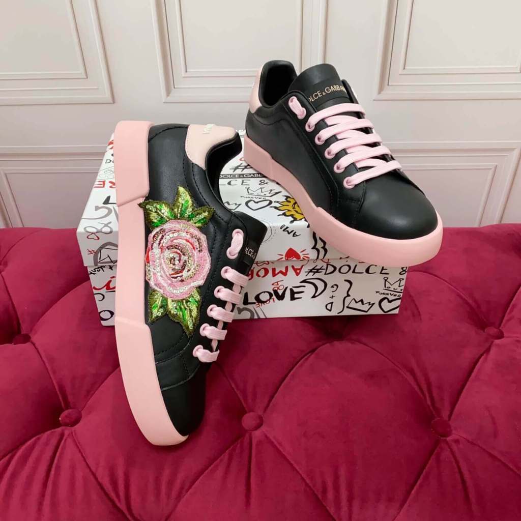 Dolce & Gabbana Women's Calfskin Portofino Light Sneakers with Rose Embroidery - Black & Pink