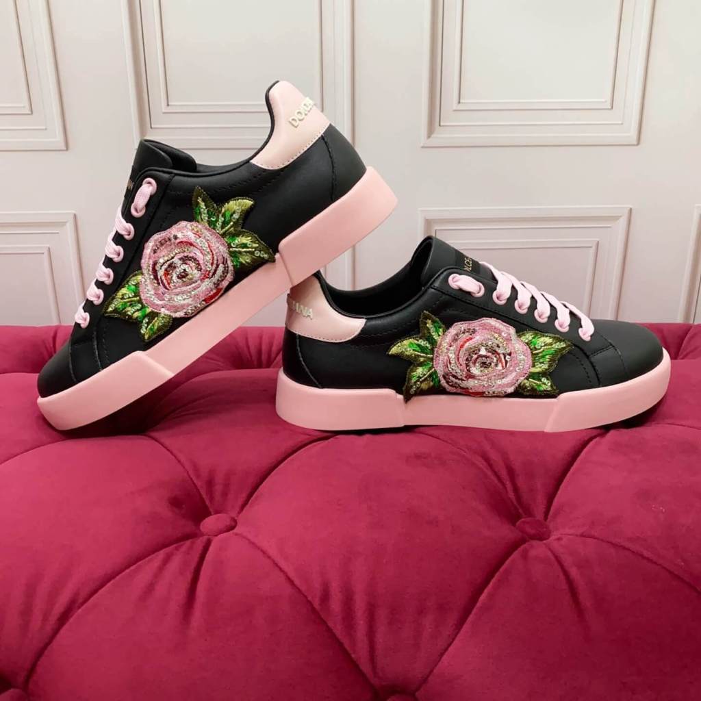 Dolce & Gabbana Women's Calfskin Portofino Light Sneakers with Rose Embroidery - Black & Pink