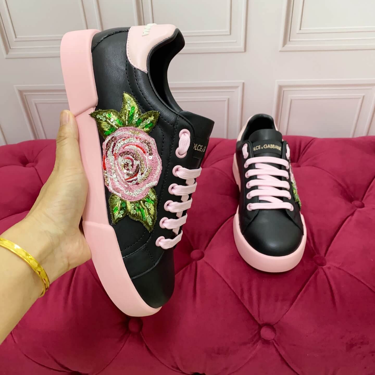 Dolce & Gabbana Women's Calfskin Portofino Light Sneakers with Rose Embroidery - Black & Pink - Image 8