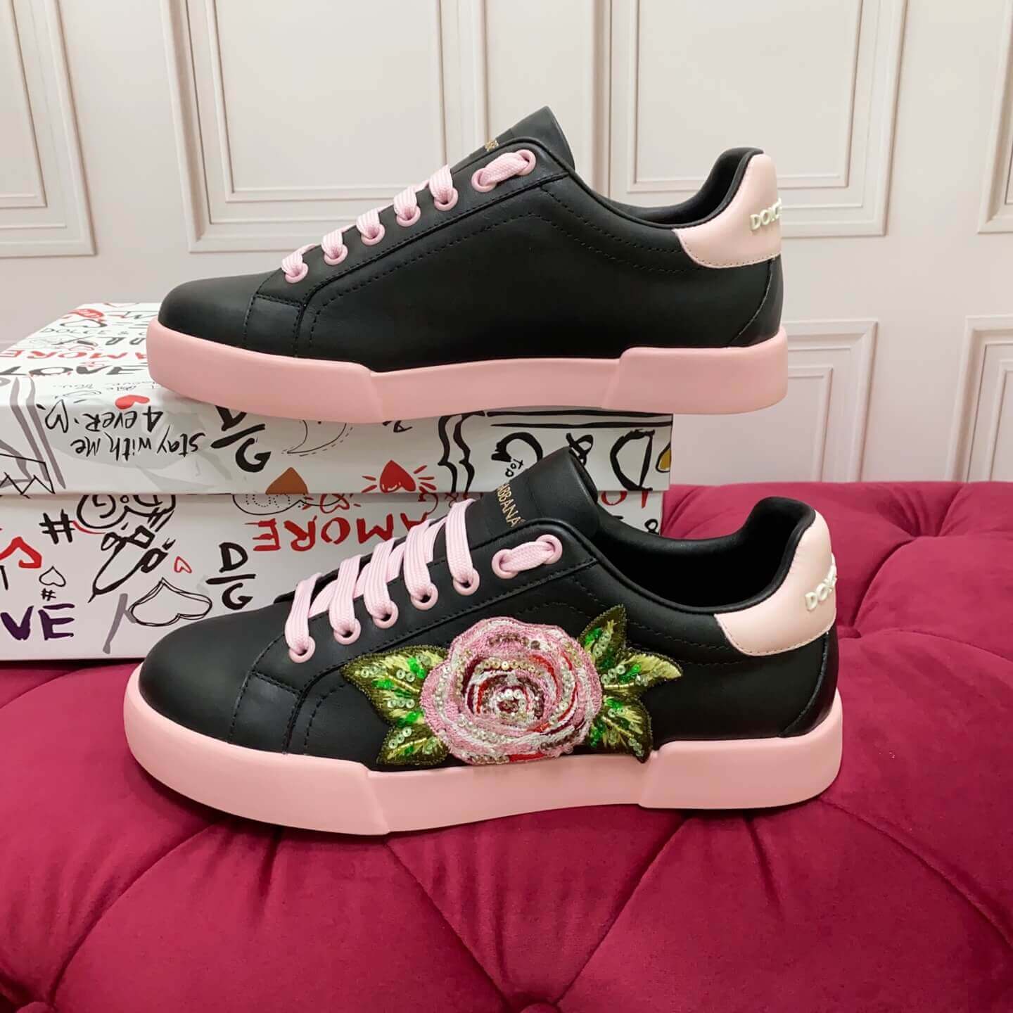 Dolce & Gabbana Women's Calfskin Portofino Light Sneakers with Rose Embroidery - Black & Pink - Image 4