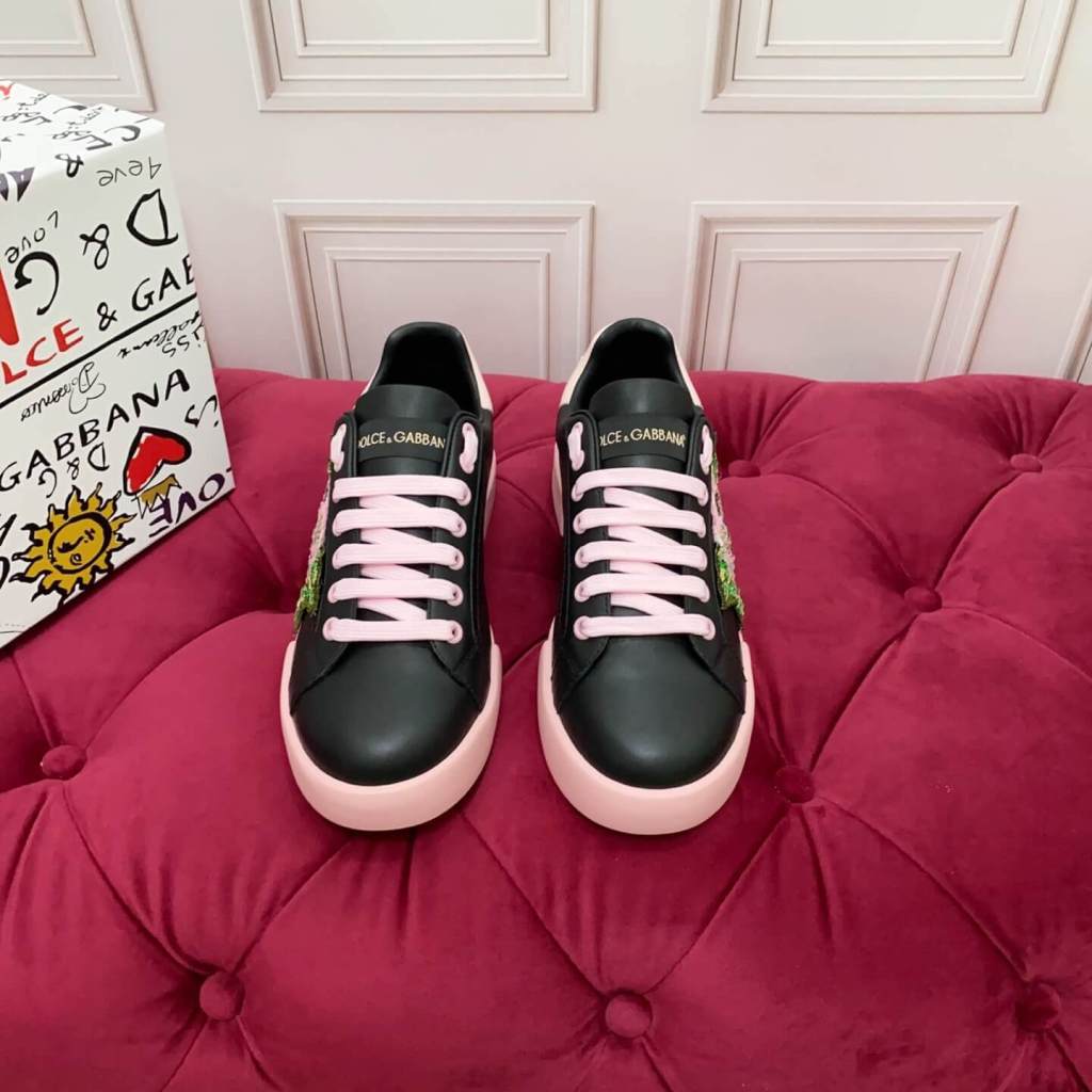 Dolce & Gabbana Women's Calfskin Portofino Light Sneakers with Rose Embroidery - Black & Pink