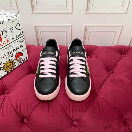 Dolce & Gabbana Women's Calfskin Portofino Light Sneakers with Rose Embroidery - Black & Pink - Image 9