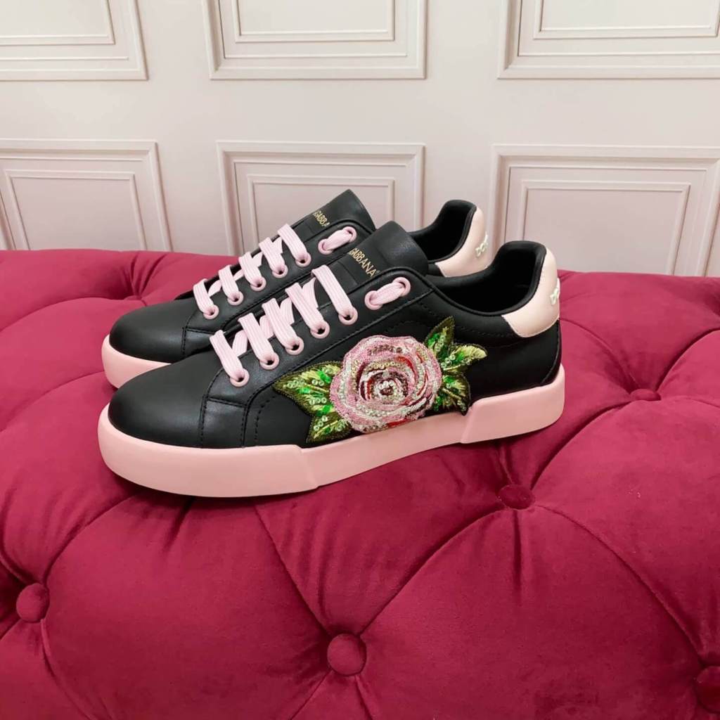 Dolce & Gabbana Women's Calfskin Portofino Light Sneakers with Rose Embroidery - Black & Pink